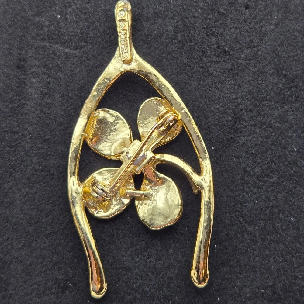 Gerrys Womens Vintage Wishbone Four Leaf Clover Enamel Pearl Brooch Pin Luck